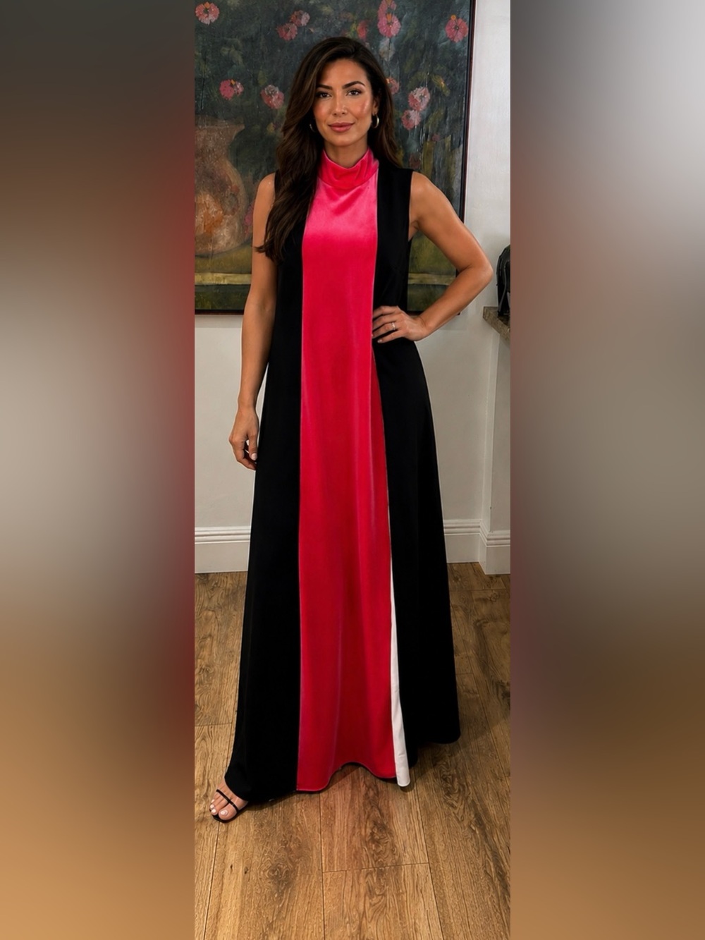 Mikael Aghal Colorblock Mock Neck Evening Formal Gown Maxi Dress Size 4 NEW